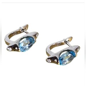 925 Sterling Silver Earrings with Natural Blue Topaz Gem & CZ